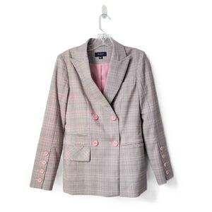 Yiner Plaid Double Breasted Blazer Pink Buttons Notched Lapel Long Sleeves Small